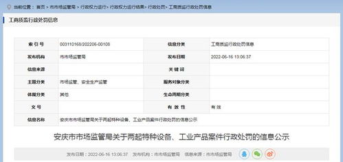 安徽省安慶市市場監(jiān)管局公示兩起特種設備及工業(yè)產(chǎn)品案件行政處罰信息，強化市場安全監(jiān)管